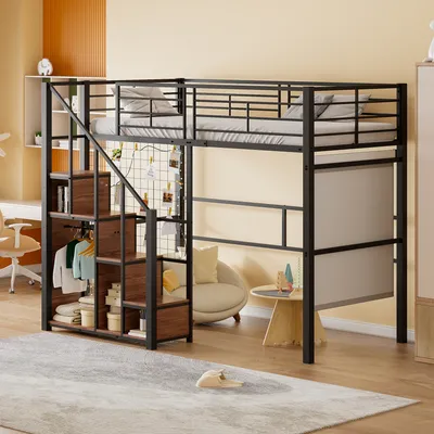 Image de Merax Lit superposé 90x200cm avec escalier et barre de penderie, lit surélevé avec compartiment de rangement et rampe, lit d'enfant avec sommier à lattes, lit d'adolescent en métal, noir