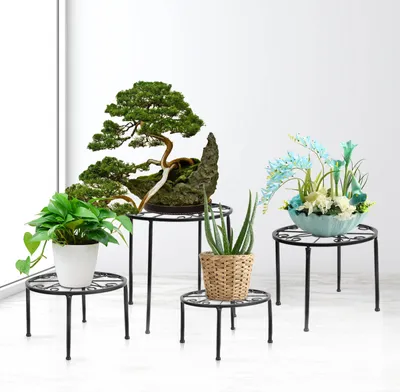A collection of decorative plant stands with various potted plants and floral arrangements displayed on them.