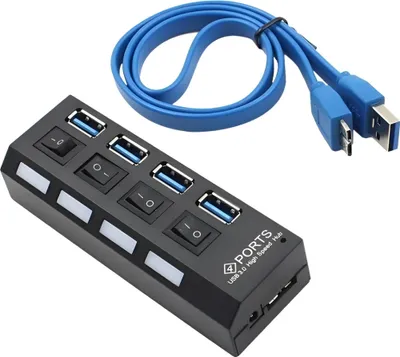 A black USB hub with four ports and individual switches, along with a blue USB cable, is displayed against a white background.