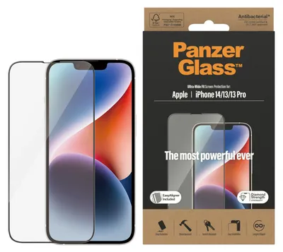 Obrázek produktu pro PanzerGlass ® Screen Protector iPhone 14 | 13 | 13 Pro | Ultra-Wide Fit w. EasyAligner, Apple, Apple - iPhone 14, Apple - iPhone 13, Apple - iPhone 13 Pro, Aplikace nasucho, Odolné proti poškrábání, Odolný proti nárazům, Antibakteriální, Průhledná, 1 kusů
