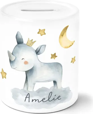 Produktbild von Kinder Spardose mit NamenTier-Motive Nashorn Löwe Elefant Watercolor Sparschwein Keramik SpecialMe® Nashorn weiß unisize
