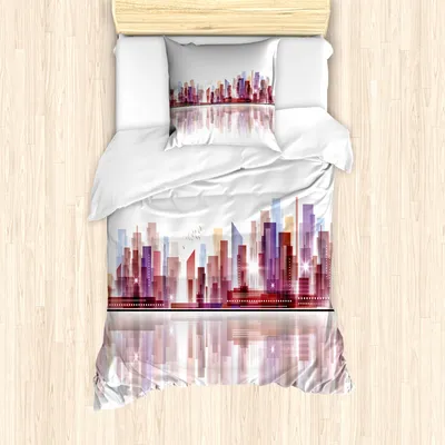 Produktbild von ABAKUHAUS Stadt Mantele, Wolkenkratzer-Silhouette, Milbensicher Allergiker geeignet mit Kissenbezügen, 135 cm x 200 cm - 80 x 80 cm, Mehrfarbig