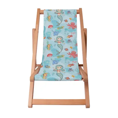 A wooden deck chair with a fabric seat featuring a mermaid and underwater creature print.