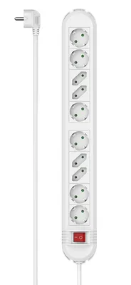 A white power strip with multiple outlets and a red on/off switch, shown against a white background.
