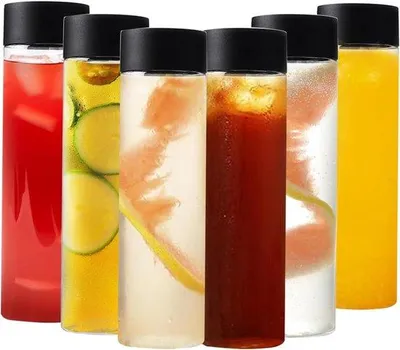 Zdjęcie produktu dla Butelki na sok – zestaw 6 sztuk, pojemność 400 ml, wielokrotnego użytku, z czarnymi zakrętkami, przezroczyste plastikowe butelki na sok i koktajle, idealne do przechowywania napojów, idealne do przechowywania mleka i koktajli