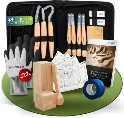 Produktbild von HOLZHELD hochwertiges Schnitzwerkzeug (24 teil.) inkl. 32 S. Anleitung, 4 Vorlagen und dt. Schnitzholz zum Schnitzen.Schnitzset mit Handschuh Größe XS
