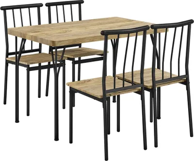 A dining table and four chairs set.