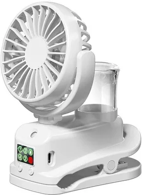 Image de Mini-ventilateur avec brumisation, 4 vitesses, écran LED, batterie 1200 mAh, idéal pour la tente, le bureau et les déplacements - Blanc
