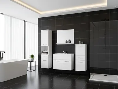 A modern bathroom with white vanity, a tall cabinet, a bathtub, and a shower.