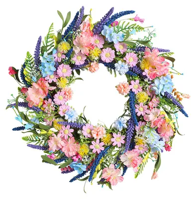 Produktbild von Frühlingskranz für die Haustür, künstlicher Blumenkranz mit Eukalyptusblättern und Lavendel-Wildblumen, 40 cm, für Ostern, drinnen und draußen, Landhausstil, Wanddekoration