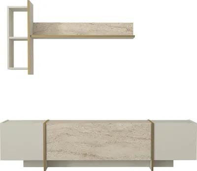 Produktbild von Wohnwand Veyron mit 3 Türen und Hängeregal in beiger Granit Optik, goldene Verzierung, 2574