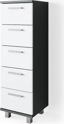 A tall, narrow chest of drawers with five drawers, shown from a side angle against a white background.