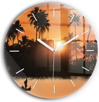 Produktbild von Wallfluent Große Wanduhr – Stilles Quarzuhrwerk - Uhr Dekoration Wohnzimmer Schlafzimmer Küche - Zifferblatt mit Striche - weiße Zeiger - 60 cm - Sonnenuntergang und Palmen