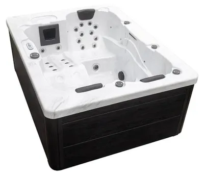Produktbild von HOME DELUXE - Outdoor Whirlpool - WHITE MARBLE Plus Treppe und Thermoabdeckung - Maße 210 x 160 x 85 cm - Inkl. Heizung, 27 Massagedüsen und 9 Lichtquellen I Außen Whirlpool Spa für 3 Personen