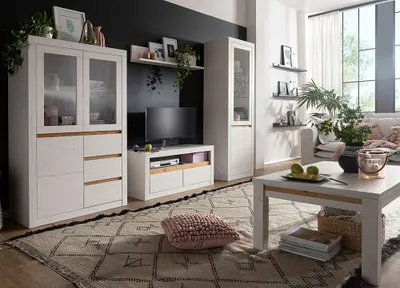 Produktbild von Wohnmöbel Komplett Set Massivholz mit Couchtisch 110x70 cm WILSON-69 in Kiefer massiv weiß