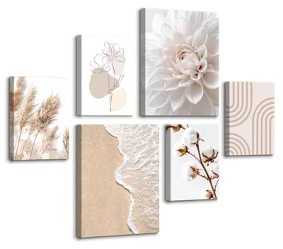 Image de Omgoods - Ensemble de 6 cadres en bois avec motif floral - Décoration murale bohème, dimensions 30x40 cm et 20x20 cm