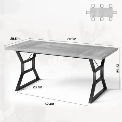 Image de Table de salle à manger - Table de cuisine rectangulaire de 180 cm - Pour 6 personnes - Table en bois avec pieds en métal robustes - Style rustique et moderne - Gris
