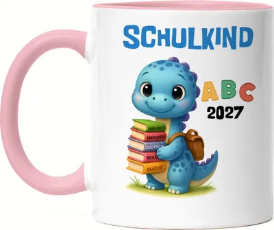 Produktbild von Schulkind 2027 Tasse Rosa Dino – Niedliche Geschenkidee Einschulung, Kinder-Tasse ABC Motiv Jungen Erstklässler