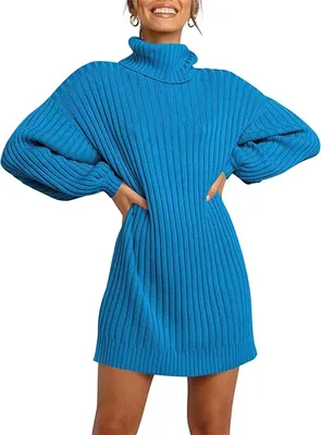 Produktbild von ASKSA Damen Rollkragen Pulloverkleid Einfarbig Laterne Ärmel Tunika Lange Winter Strickkleid, Royal Blue, M