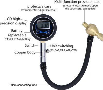 Zdjęcie produktu dla Cyfrowy tester ciśnienia w oponach samochodowych z wyświetlaczem LCD, wielofunkcyjny, o wysokiej precyzji, do naprawy i konserwacji samochodów