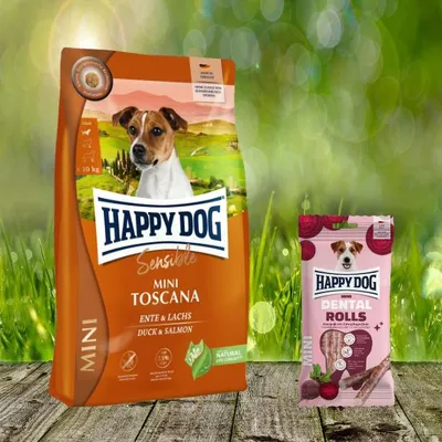 Produktbild von Happy Dog Supreme Mini Toscana 4 kg + Happy Dog Dental Snacks Dental Rolls Mini