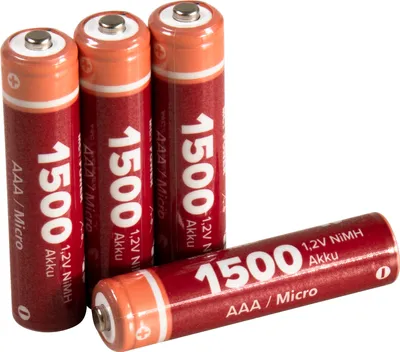 Four AAA batteries are arranged on a white background, with three standing upright and one lying horizontally in the foreground.