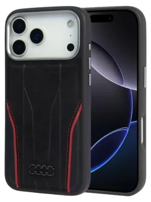 A black and red Audi R8 phone case for an iPhone 14 Pro Max, shown from the back with the phone partially visible.