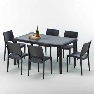 Image de Poly rotin table rectangulaire avec 6 chaises colorées en poly rotin 150x90 noir