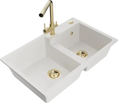 Produktbild von Mexen Tomas 2-Becken-Granitspüle mit Mischbatterie Duero, Weiß - 6516-20-671600-50