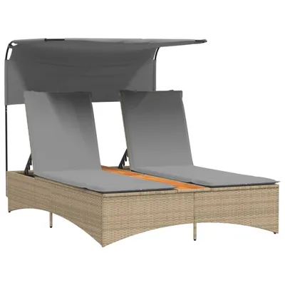 Produktbild von Doppel-Sonnenliege mit Dach und Auflagen Beige Poly Rattan