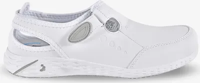 A white safety shoe is shown from the side against a white background.