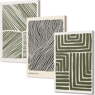 Produktbild von Leinwandbild – Wandbild – Leinwandbilder – Kunstdruck – Polycanvas – Modern – Mehrteilig – 3-Teilig Set – Hochwertig – Geruchslos – Lichtecht – Fertig Aufgespannt – 40x60 Cm Je Teil - Muster aus Linien und Formen in Grüntönen