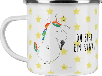 Produktbild von Mr. & Mrs. Panda Emaille Tasse Einhorn Sänger - Weiß - Geschenk, Motivtasse, Haferl, Geburtstag, Emailletasse, reisetasse, Teetasse, Party, Fest, Unicorn, Disco, Pott