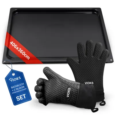 Produktbild von Backblech Set kompatibel mit Gorenje 334774 AC037 mit 2 Silikon Ofenhandschuhe für Backofen