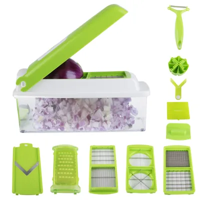 Produktbild von Gemüseschneider Gemüsehobel Kartoffelschneider 12 Austauschbare Klingen mit Schäler Obst, Multischneider Gemüseschäler, Julienneschneider, für Alle Gemüse