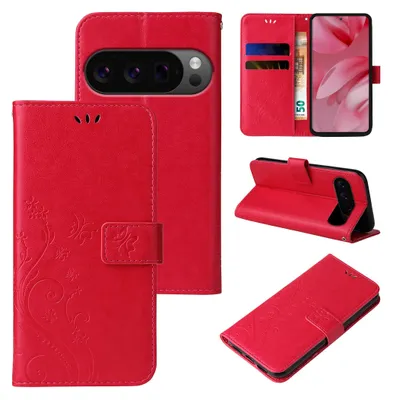 Produktbild von Handyhülle für Google Pixel 10 Pro Floral Blumen Schmetterling Flip Cover Hülle Case Klapphülle Handytasche Farbe: Rot