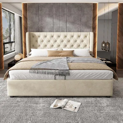 Zdjęcie produktu dla Łóżko tapicerowane "Stauraumbett" o wymiarach 180x200 cm, kolor beżowy, obite welurem. Łóżko hydrauliczne z pojemnikiem na pościel i stelażem. Idealne do sypialni