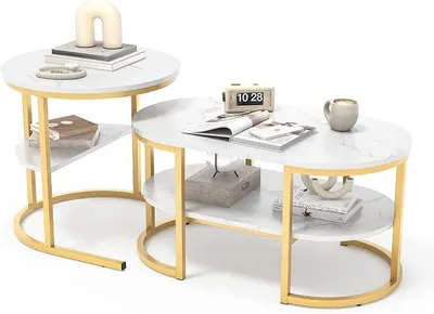 Imagen del producto de Conjunto de 2 mesas auxiliares, con apariencia de mármol, estructura de metal y superficie de apoyo. Mesas de centro modernas para sofás, ideales para salones y dormitorios (dorado + ovaladas)