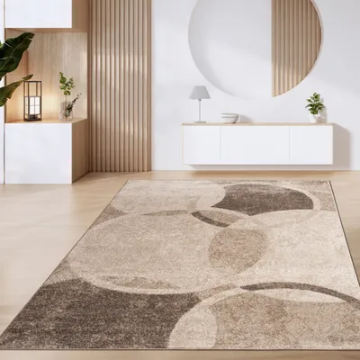 A modern living room with a geometric rug, a white cabinet, and decorative elements.