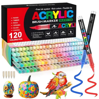 Produktbild von Acrylstifte Set 120 Farben, Weiche Pinselspitze, Wasserfest für Glas, Stein, Stoff, DIY-Handwerk