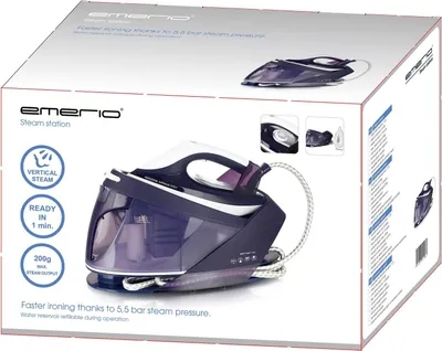 Produktbild von Emerio Dampfbügelstation SG-123562, 5,5 bar, 100g/min kontinuierlich, 200g/min Dampfstoß, 1,5 L abnehmbarer Wassertank, 2200 W, Keramik-Bügelsohle, regelbare Temperatur, Kalkschutzsystem, Kabelaufbewahrung, Bügeleisen-Verriegelung, vertikale Dampffunktion, Violett/Weiß, Maße ca. 38x19x25,5cm, Stromkabel ca. 1,90m, Dampfschlauch ca. 1,50m