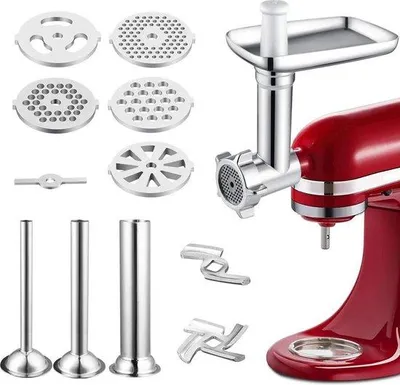 Image de Accessoire hachoir pour robot de cuisine KitchenAid/PHISINIC - 3 remplisseurs de saucisses, 2 lames de broyage, 5 plaques de broyage