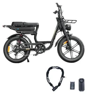 Immagine prodotto di V20 Comfort - Fat bike elettrica - Set con lucchetto a catena e allarme bici - 20 pollici - Motore 250W - Autonomia 60 km - 7 marce - Freni a disco idraulici - Batteria 720Wh - Nero
