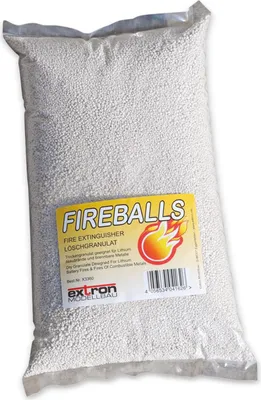 A bag of white fire extinguishing granules with a yellow label.