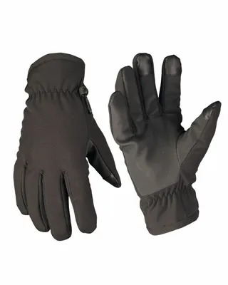 A pair of black softshell gloves shown from the front and back.