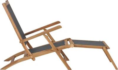A wooden deck chair with a black fabric seat and back, shown in a reclined position.