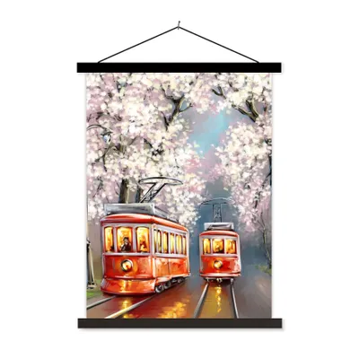 Produktbild von MuchoWow® Textilposter Gemälde - Ölgemälde - Straßenbahn - Blühender Baum 40x53 cm mit schwarzem Rahmen - Abbildung