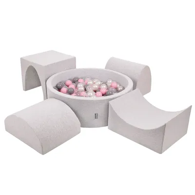 Obrázok produktu pre KiddyMoon Mäkké penové ihrisko pre deti s guľatým loptičkovým ihriskom (200 ∅ 7 cm) s mäkkými prekážkami a loptičkovým bazénom,  vyrobené v EÚ, Svetlo sivá:Perla/Grey/Transparentné/Púdrov