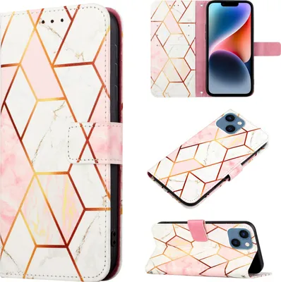 Produktbild von iPhone 14 Hülle, Marmor Motiv Kunstleder Tasche Wallet Kartenfächer mit Standfunktion Klapp Schutzhülle für iPhone 14 Roségold