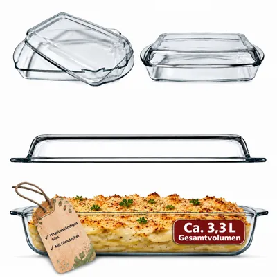 Produktbild von BigDean Auflaufform mit Deckel 3,3L – rechteckige Glasauflaufform, hitzebeständig & feuerfest – Ofenform für Lasagne, Fleisch & Aufläufe